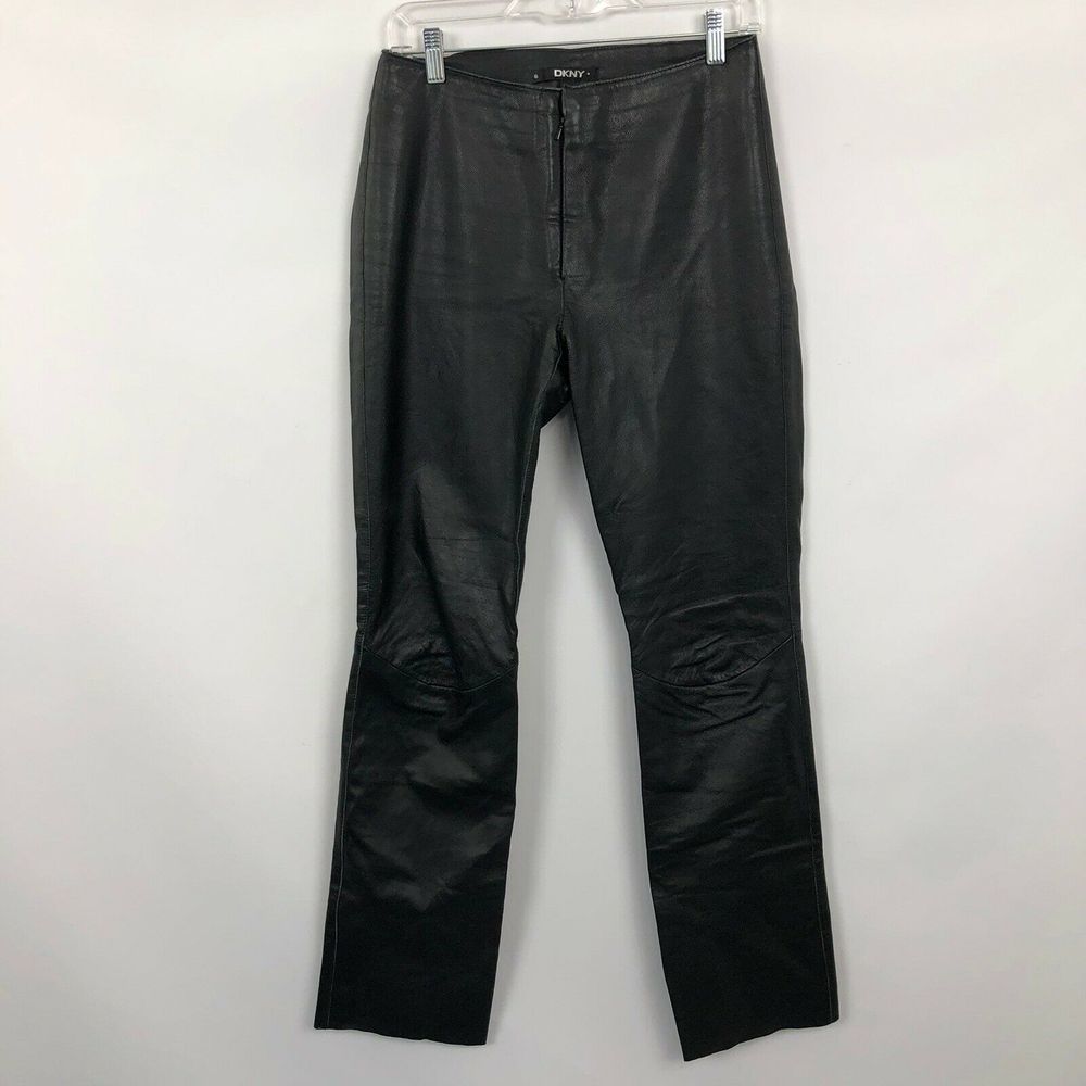 2000s Y2K VTG DKNY 100% Leather Boot Cut Pants Black